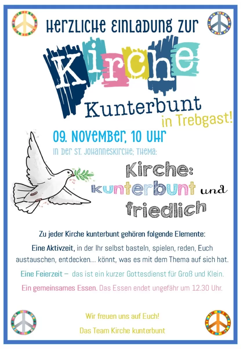 Einladungen zum Thema Frieden am 09.11.2025 um 10:00 Uhr der Kirche Kunterbunt