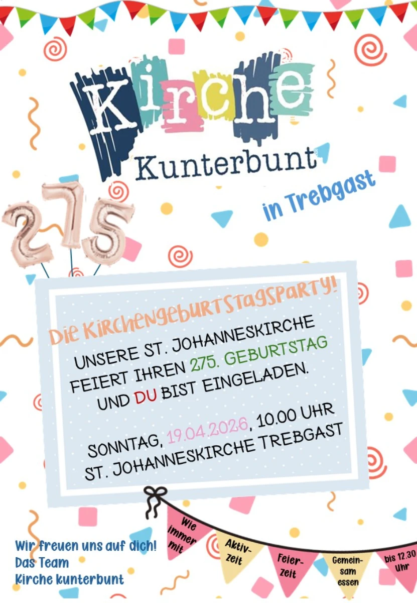 Einladung zu Kirche Kunterbunt am 19.04.2026 um 10:00 Uhr anlässlich 275 Jahre Kirchenjubiläum