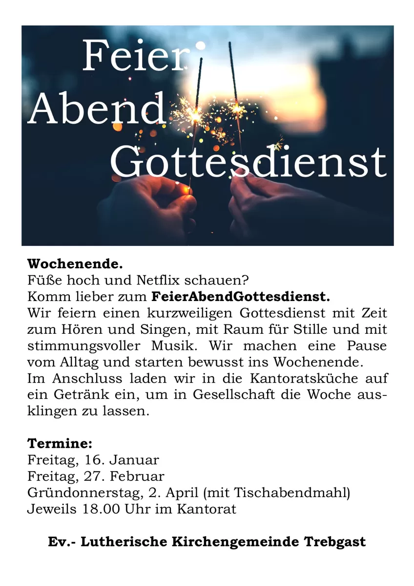 Aufzählung der Feierabendgottesdienste in 2026